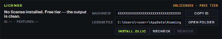 Карточка LICENSE экрана SETTINGS: статус «UNLICENSED · FREE TIER», подпись «No license installed. Free
tier — the output is clean.», строка «ID: — · FEATURES: —»; поле MACHINE ID с кнопкой COPY ID, поле LICENSE
FILE с кнопкой OPEN FOLDER (значения на снимке — заглушки); кнопки INSTALL .DLLIC, RECHECK и затенённая
REMOVE
