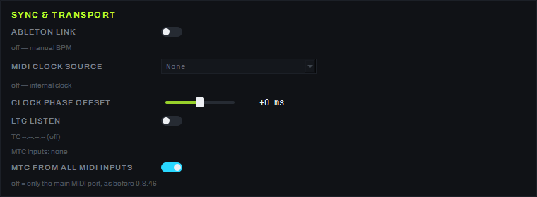 Карточка SYNC & TRANSPORT экрана SETTINGS крупным планом: тумблер ABLETON LINK («off — manual BPM»),
выпадающий список MIDI CLOCK SOURCE («None», «off — internal clock»), ползунок CLOCK PHASE OFFSET (+0 ms),
тумблер LTC LISTEN («TC --:--:--:-- (off)»)